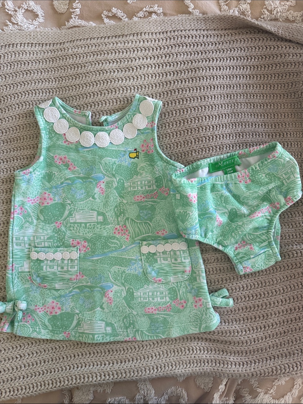 MASTERS Mint Green Printed Toddler Dress & Bloomer Set